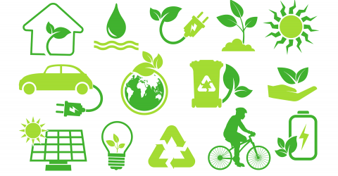 Prinsjesdag verduurzamen en klimaat; groene icoontjes van een huis, fiets, lamp, zonnepanelen, elektrische auto, container, aarde, telefoon